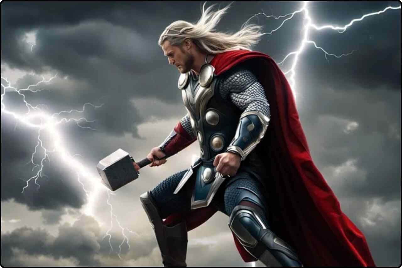 AI-generated image of Thor wielding a lightning bolt.